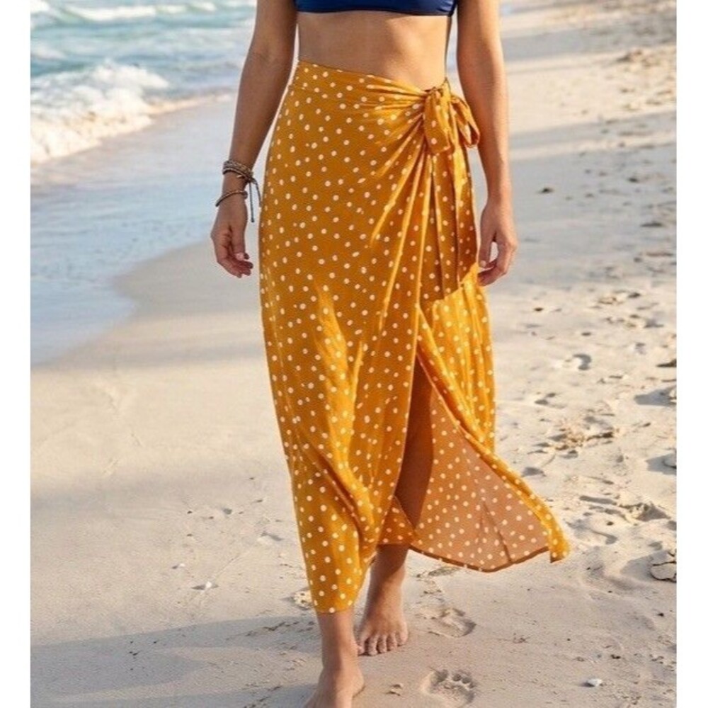 Asos Maxi Skirt Mustard Women’s Size 8 Swim Wrap White Polka Dot Lightweight